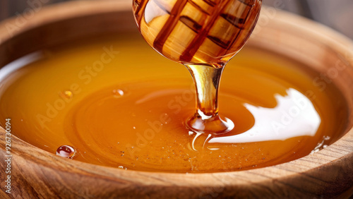 Honey. Healthy organic thick honey that drips from a honey ladle in a wooden bowl. Background for a sweet dessert.