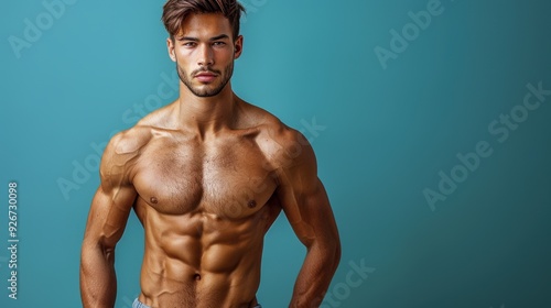 A muscular young man poses confidently against a blue background, showcasing his defined physique and athletic build in a fitness-focused setting