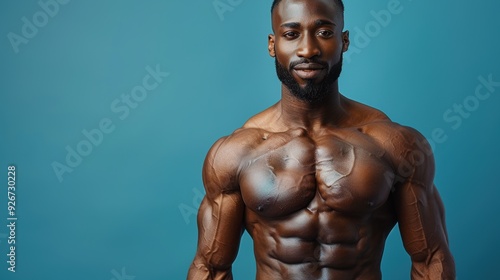 Muscular man posing confidently against a blue background in a fitness studio during a photo session