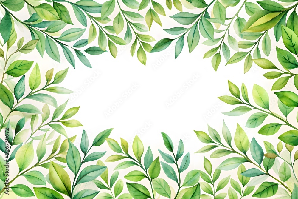 Watercolor frame with green leaves isolated on white background.
Watercolor frame with green leaves isolated on white background.