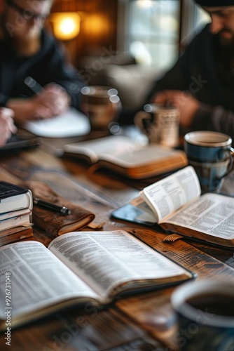 A small group of friends studying the Bible together at a kitchen table, notebooks and coffee cups around, fellowship, learning, the joy of shared faith in a warm home setting banner with copyspace