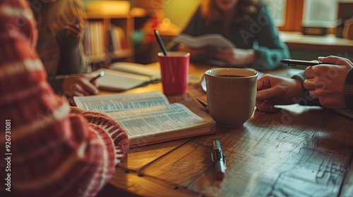 A small group of friends studying the Bible together at a kitchen table, notebooks and coffee cups around, fellowship, learning, the joy of shared faith in a warm home setting banner with copyspace