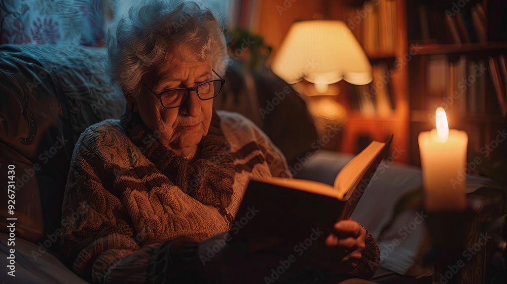 An elderly woman reading a Bible by candlelight, expression of peace and devotion, personal faith, quiet evening at home, banner with copyspace for text. An elderly woman reading a Bible by candlelight, expression of peace and devotion, personal faith, quiet evening at home, banner with copyspace for text.