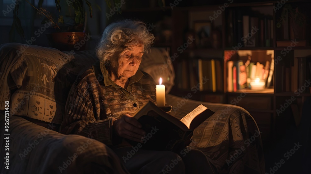 An elderly woman reading a Bible by candlelight, expression of peace and devotion, personal faith, quiet evening at home, banner with copyspace for text. An elderly woman reading a Bible by candlelight, expression of peace and devotion, personal faith, quiet evening at home, banner with copyspace for text.