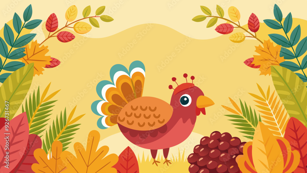 Thanksgiving background with colorful cartoon turkey and autumn foliage on warm background with copy space Thanksgiving background with colorful cartoon turkey and autumn foliage on warm background with copy space