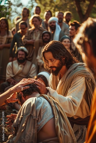 Jesus Christ gently laying hands on a sick person, expressions of hope and compassion, serene outdoor setting with a crowd watching, healing, divine love, and the power of faith, banner with copyspace