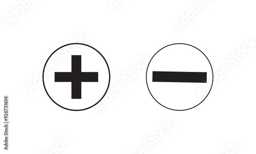 Round plus and minus icons set with different thicknesses. Vector.