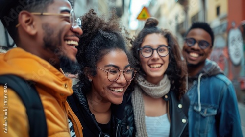 A joyful group of friends laughing together in a vibrant urban setting, showcasing camaraderie and happiness.