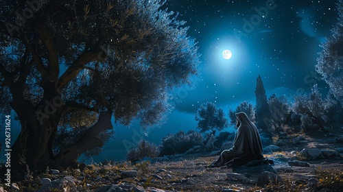 Jesus Christ praying in the Garden of Gethsemane, surrounded by olive trees, moonlight casting a serene glow, a moment of deep faith, contemplation, and spiritual connection, banner