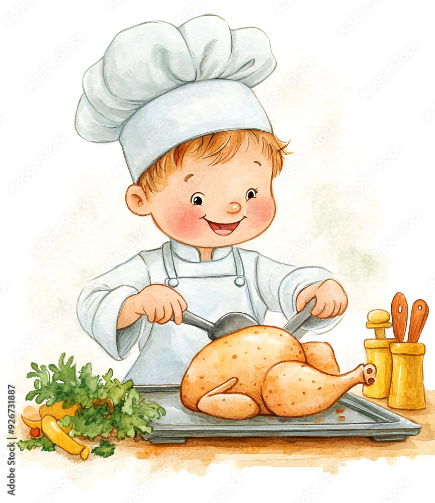 Happy Child Chef Preparing Roasted Chicken Happy Child Chef Preparing Roasted Chicken