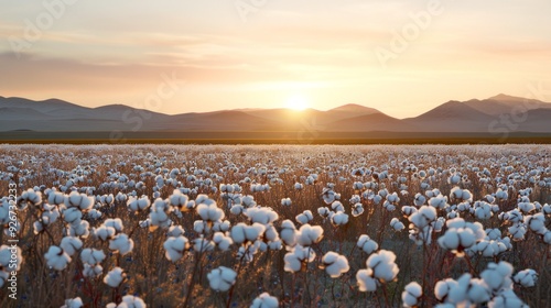 A beautiful cotton field bathed in the warm glow of a stunning sunset. Soft white cotton bolls create a peaceful landscape. Perfect for nature lovers and farm enthusiasts. AI photo