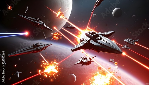 A scene of massive starships engaged in a fierce battle in deep space, with laser beams and explosions lighting up the dark void, and planets in the distant background