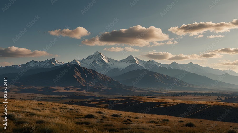 A mountain range seen from afar, with expansive open space and a clear sky above, creating a sense of vastness. A mountain range seen from afar, with expansive open space and a clear sky above, creating a sense of vastness.