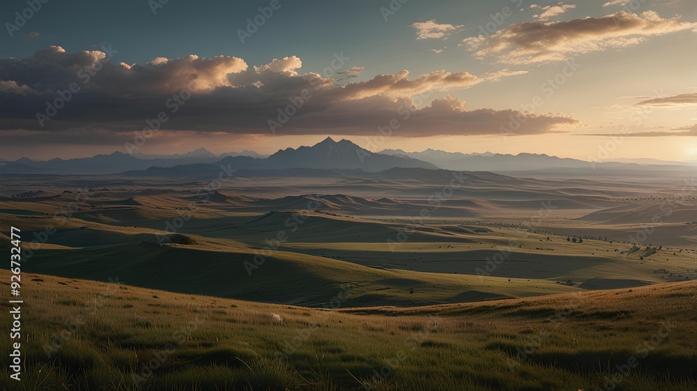 A serene mountain landscape with wide, open plains below, the horizon stretching endlessly into the sky. A serene mountain landscape with wide, open plains below, the horizon stretching endlessly into the sky.