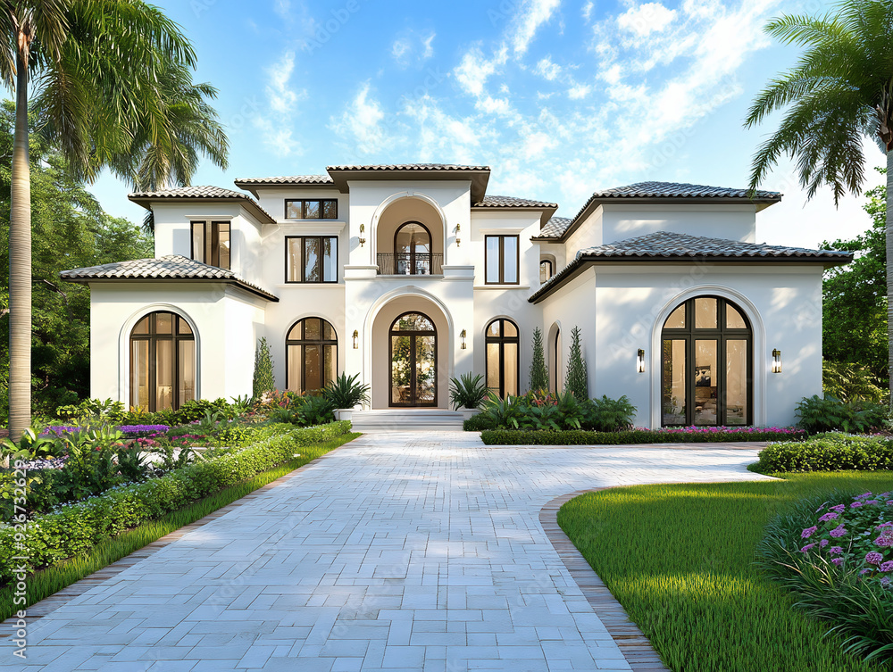 Front View Of Modern Luxury Home In Palm Beach, Florida, Large Windows, Arched Doors, Stone Paver Driveway, Lush Landscaping.
Front View Of Modern Luxury Home In Palm Beach, Florida, Large Windows, Arched Doors, Stone Paver Driveway, Lush Landscaping.