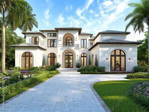 Front View Of Modern Luxury Home In Palm Beach, Florida, Large Windows, Arched Doors, Stone Paver Driveway, Lush Landscaping.

