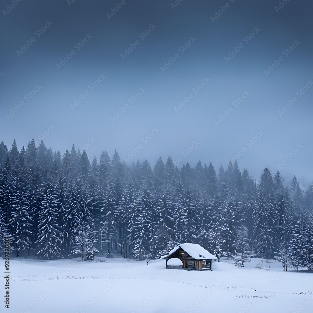 A snowy landscape with a lone cabin surrounded by pine trees. A snowy landscape with a lone cabin surrounded by pine trees.