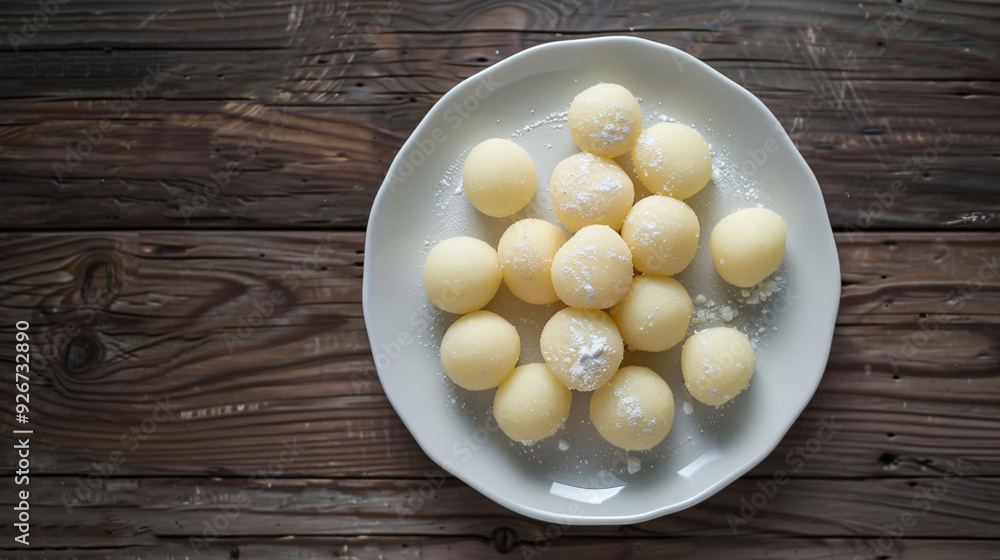 Sweet coconut balls with a dusting of powdered sugar displayed on a vintage wooden table Sweet coconut balls with a dusting of powdered sugar displayed on a vintage wooden table
