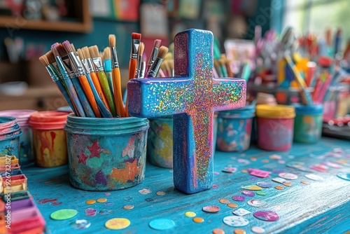 whimsical craft table overflowing with colorful vacation bible school supplies centerpiece wooden cross adorned with glitter surrounded by paintbrushes stickers and inspirational messages