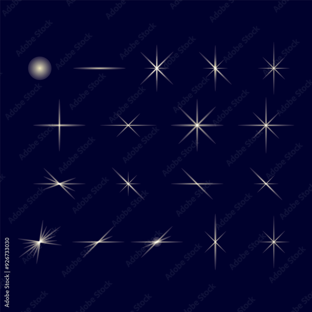 Set of star shapes, sparks, flashes glowing on dark background. Vector illustration, abstract shiny glitter, illuminated brights, light for decoration, party, celebration. Set of star shapes, sparks, flashes glowing on dark background. Vector illustration, abstract shiny glitter, illuminated brights, light for decoration, party, celebration.