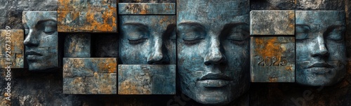 Many faces on the wall of a building, new year 2025