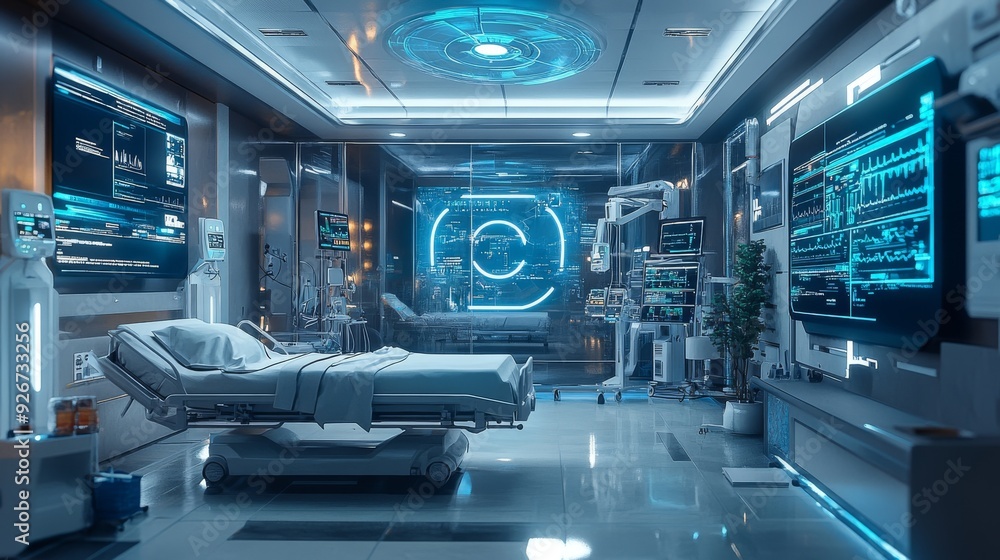 Futuristic Hospital with Smart Patient Rooms: Hospital rooms equipped with AI for patient monitoring and care. Futuristic Hospital with Smart Patient Rooms: Hospital rooms equipped with AI for patient monitoring and care.