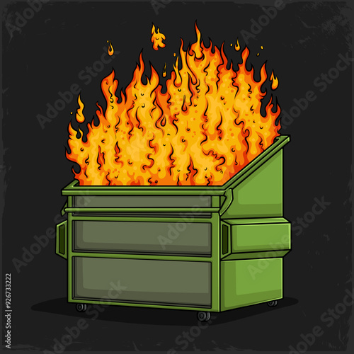 Hand drawn mismanaged situation dumpster fire, green garbage bin burning on a huge fire