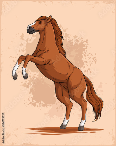 Hand drawn standing brown horse, rearing up Arabian horse, beautiful jumping horse with brown hair