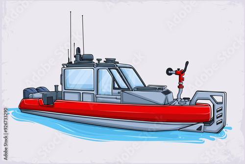 Hand drawn red fire boat floating on water ready for firefighting isolated on white background