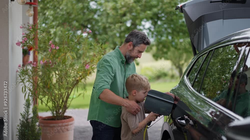 Boy helping father to charge electric car in front of house, holding charger in hands. Son learning about electric vehicle, charging app and electricity. Boy helping father to charge electric car in front of house, holding charger in hands. Son learning about electric vehicle, charging app and electricity.