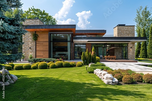 Modern house in suburb with beautiful green landscape