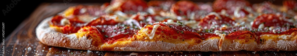 Freshly baked salami pizza on a wooden table at a cozy eatery Freshly baked salami pizza on a wooden table at a cozy eatery