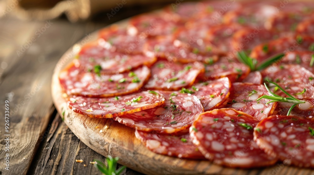Delicious pizza salami slices arranged on a wooden board Delicious pizza salami slices arranged on a wooden board
