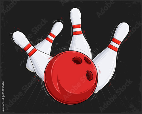 Hand drawn red bowling ball striking with falling white striped pins isolated on black background