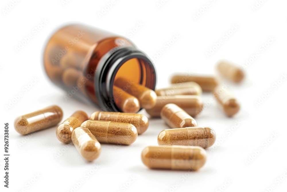 Medicine pills and glass bottle on white background Medicine pills and glass bottle on white background