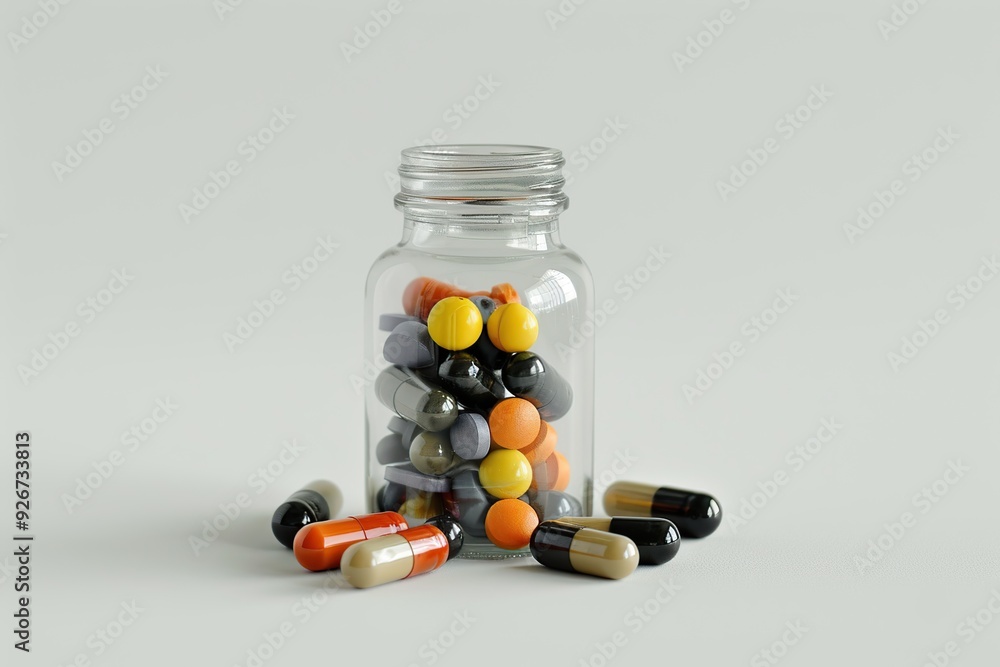 Medicine pills and glass bottle on white background Medicine pills and glass bottle on white background