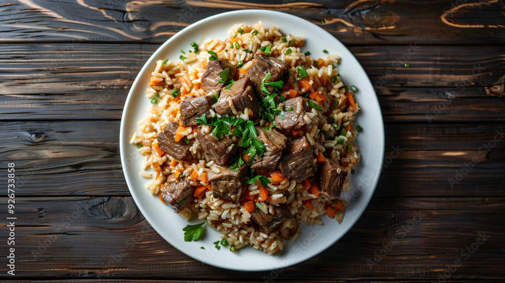 Delicious rice and beef on a white plate, topped with fresh parsley and green onions, presented on a rustic wooden table Delicious rice and beef on a white plate, topped with fresh parsley and green onions, presented on a rustic wooden table