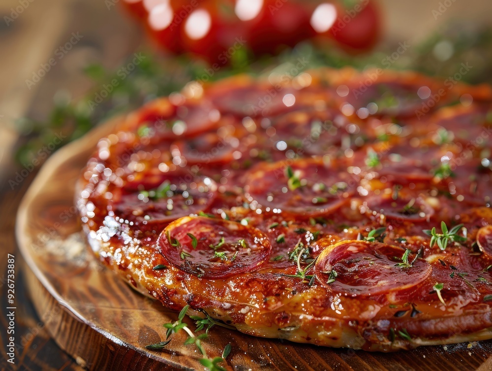 Freshly baked pizza salami with herbs and cherry tomatoes Freshly baked pizza salami with herbs and cherry tomatoes