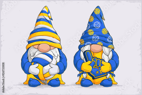 Hand drawn cute gnomes cheerleaders in volleyball disguise holding Volleyball ball and foam finger