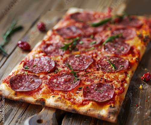 Delicious pizza with salami toppings on rustic wooden table