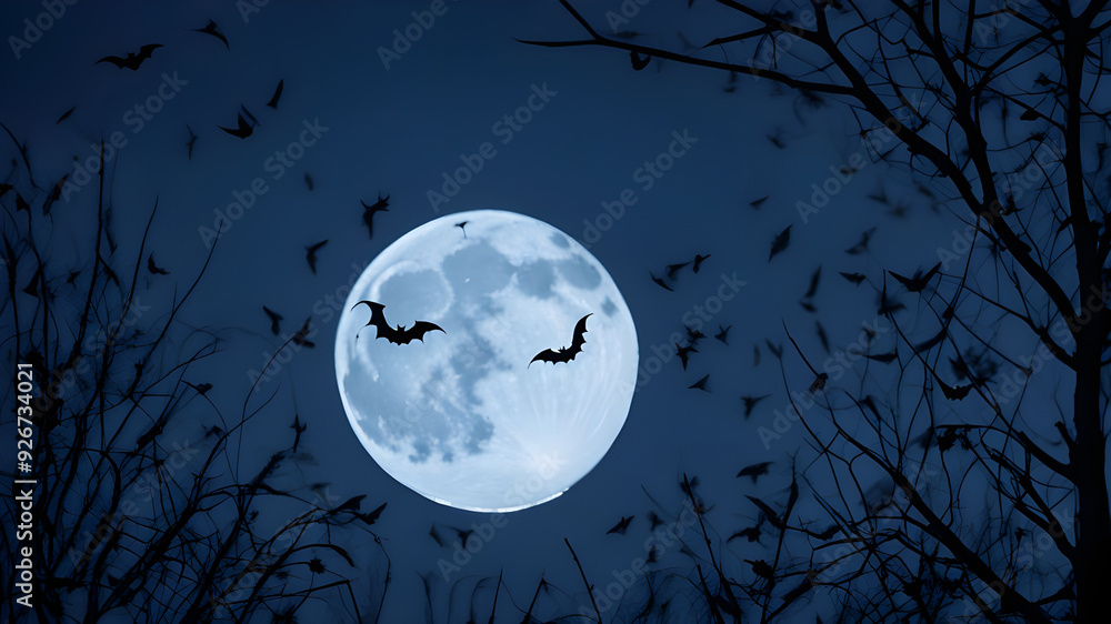Fototapeta premium Midnight Mystery: Bat Flies High, a silhouette of bats flying against a full moon.