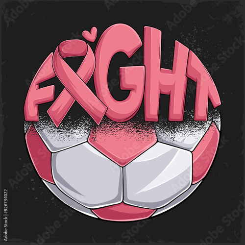 Hand drawn Breast Cancer awareness half pink Football or Soccer ball fight calligram and pink ribbon