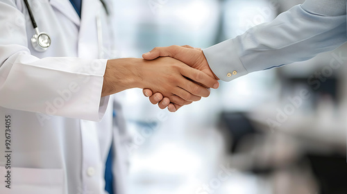 A professional doctor in a white coat extends a friendly handshake to a patient in a medical office, symbolizing a trustful agreement and a positive healthcare experience
