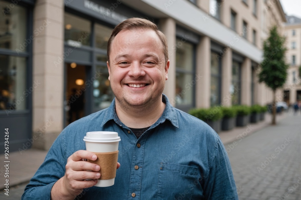 A man with Down syndrome stands in front of a building, smiling and holding a cup of coffee A man with Down syndrome stands in front of a building, smiling and holding a cup of coffee