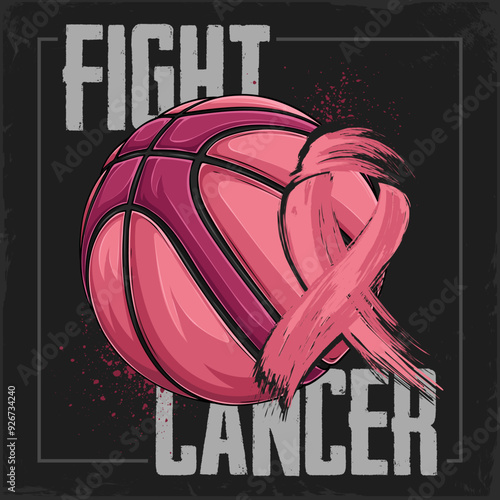 Hand drawn Breast Cancer awareness pink Basketball ball with pink ribbon female hope fight concept