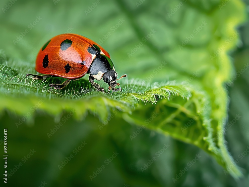 Vibrant Ladybug on Dewy Leaf: Macro Nature Beauty Vibrant Ladybug on Dewy Leaf: Macro Nature Beauty