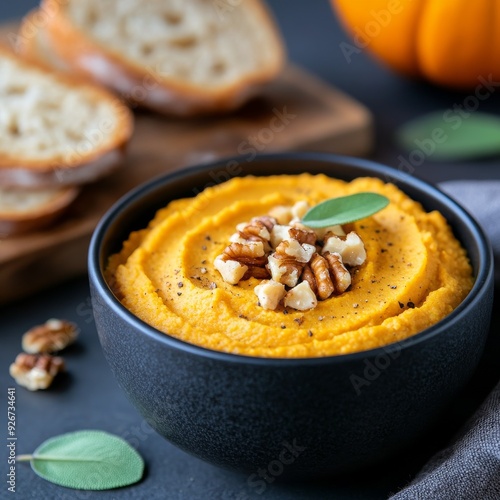 Creamy orange dip served with bread and garnished with nuts and herbs