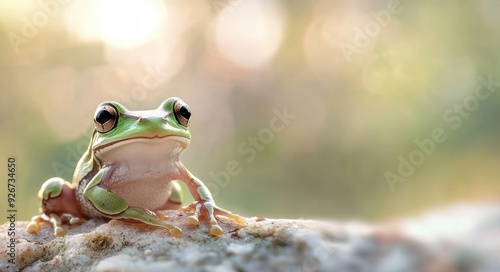 Green tree frog perched on a rock during a sunny day in a lush garden photo