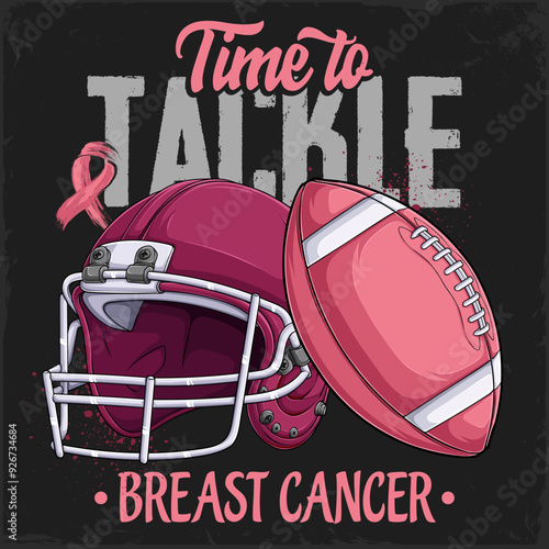Hand drawn Amercian football ball and helmet with pink ribbon time to tackle breast cancer awareness
