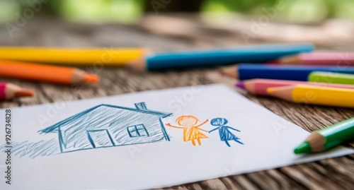 Childrens drawing of a house with family figures and colorful art supplies on...